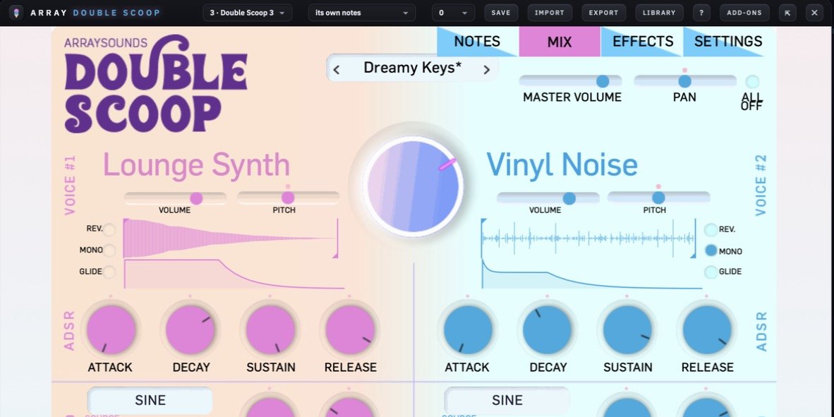 Double Scoop: two-voice sample synth panel inside Array Studio