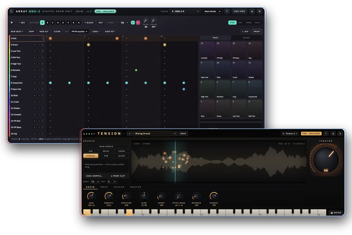 DDU-1 Digital Drum Unit and Tension, two of the Array Studio instruments
