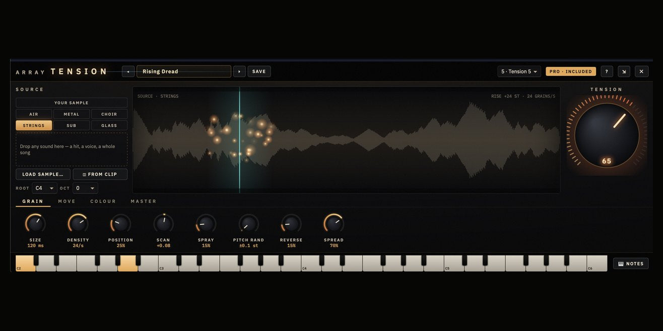 Array Tension: granular sound-design instrument with grain cloud, sources and the Tension dial