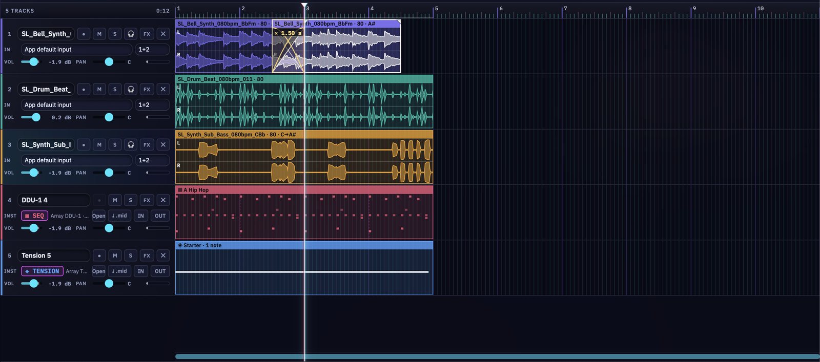 Array Studio Make room: bell, drum and bass loops with a crossfade, a DDU-1 pattern and a Tension track