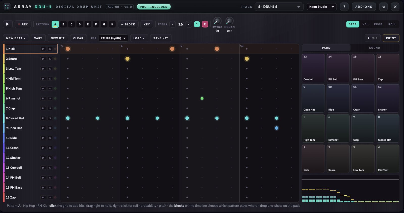 DDU-1 Digital Drum Unit: a Hip Hop pattern on the 16-row grid with the pads beside it
