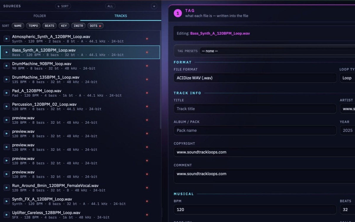 Tracks list with detected tempo and key