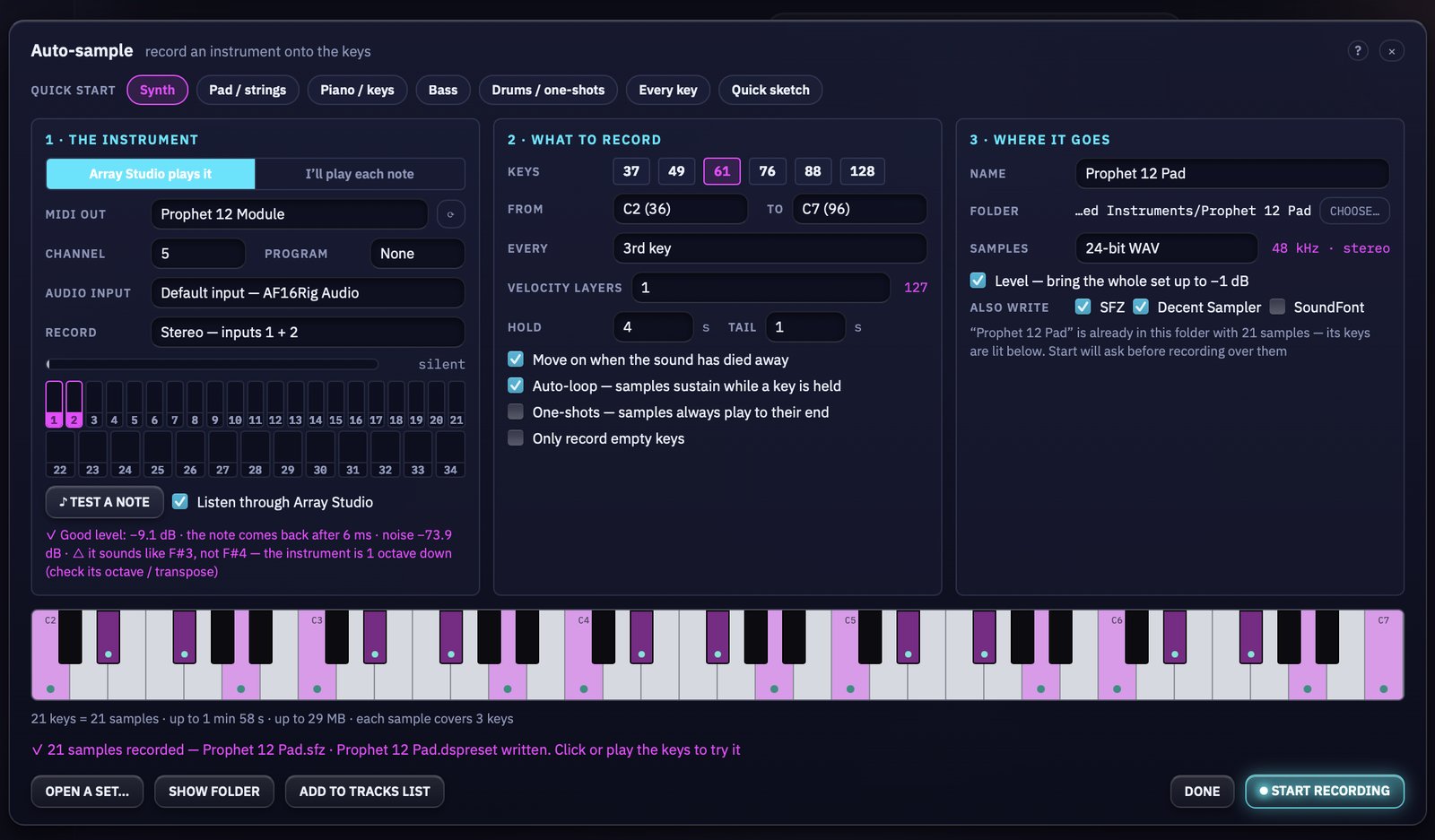 Auto-sample finished: 21 samples recorded and written as SFZ and Decent Sampler