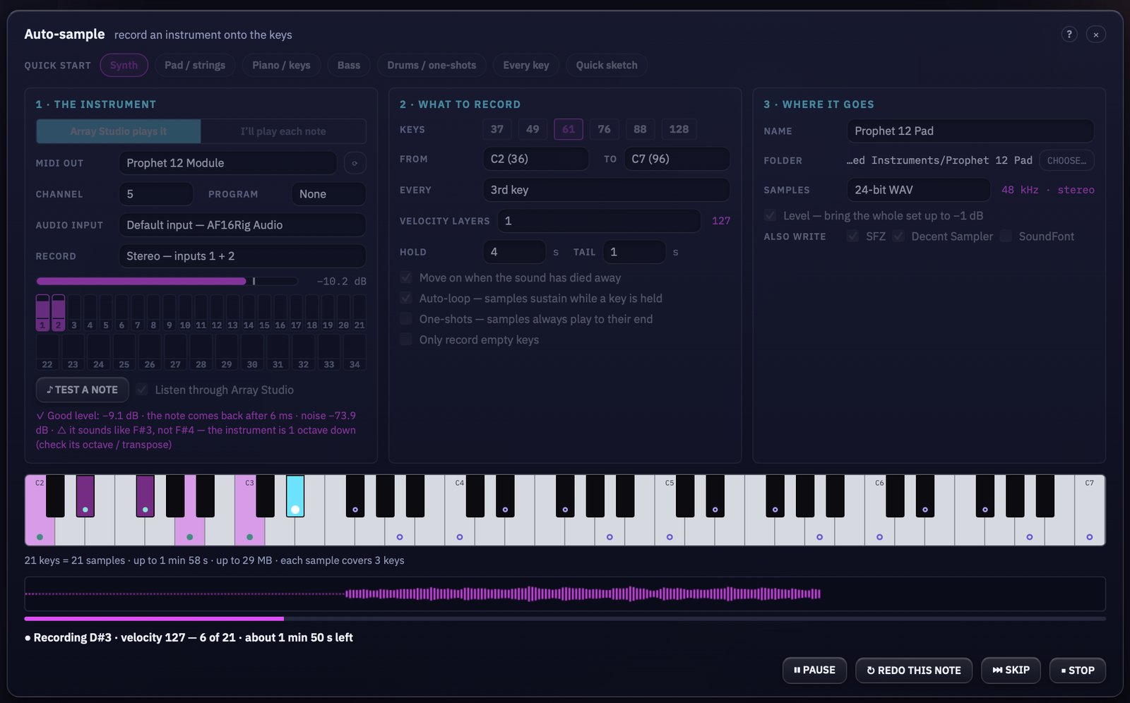 Auto-sample recording a Prophet 12 over MIDI, key 6 of 21, with the input meter and progress