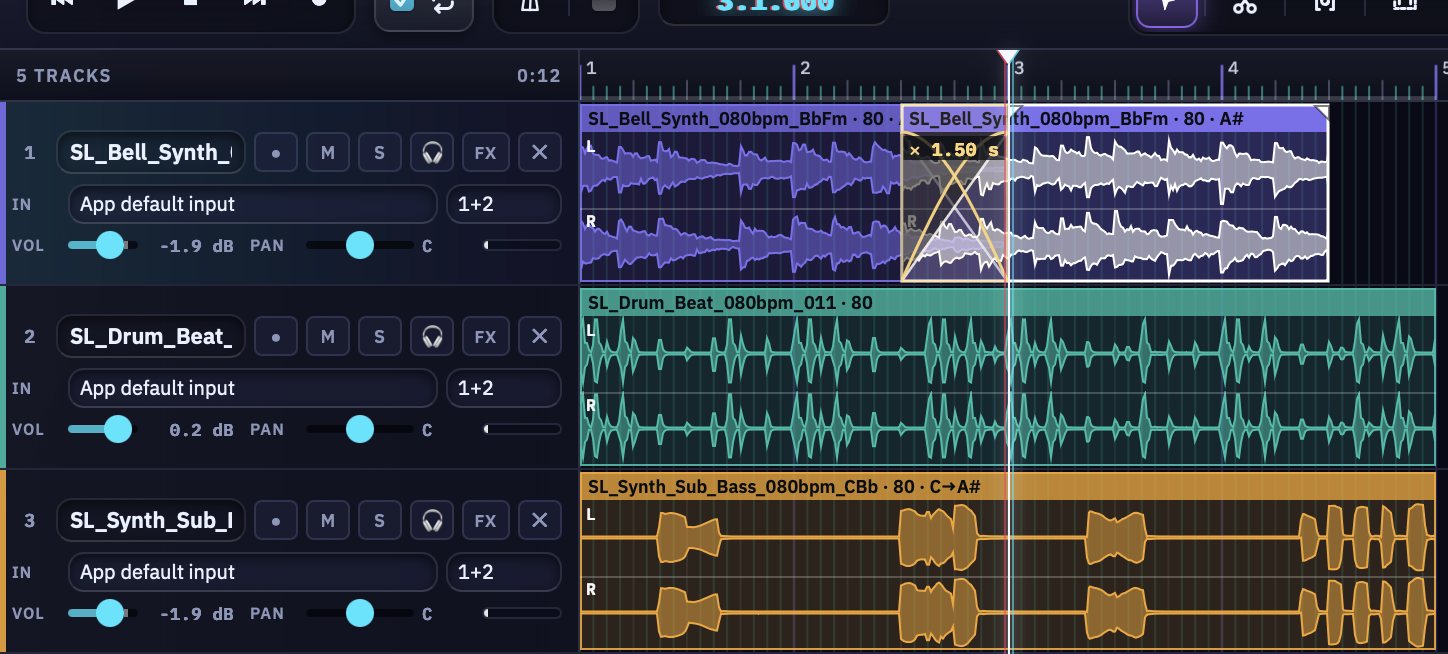 Array Studio: two clips on one track overlapping with a 1.5 second crossfade