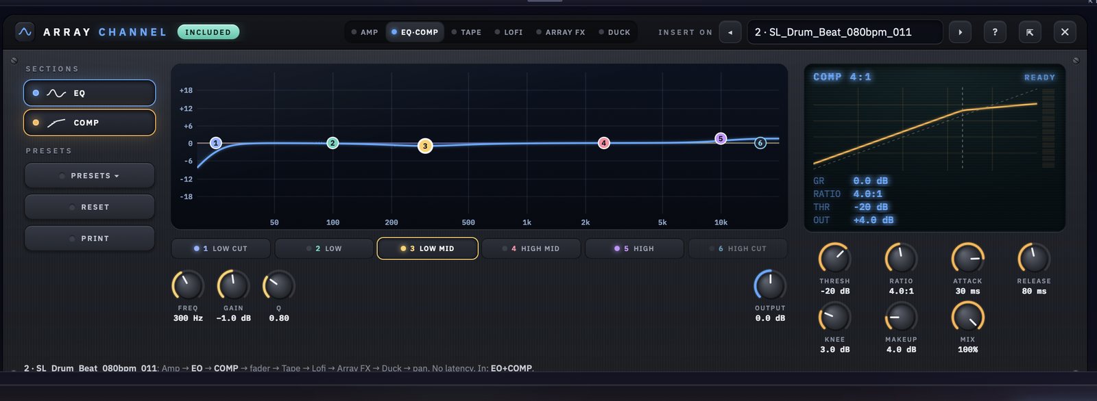 Array Channel: six-band EQ curve and compressor on a drum track