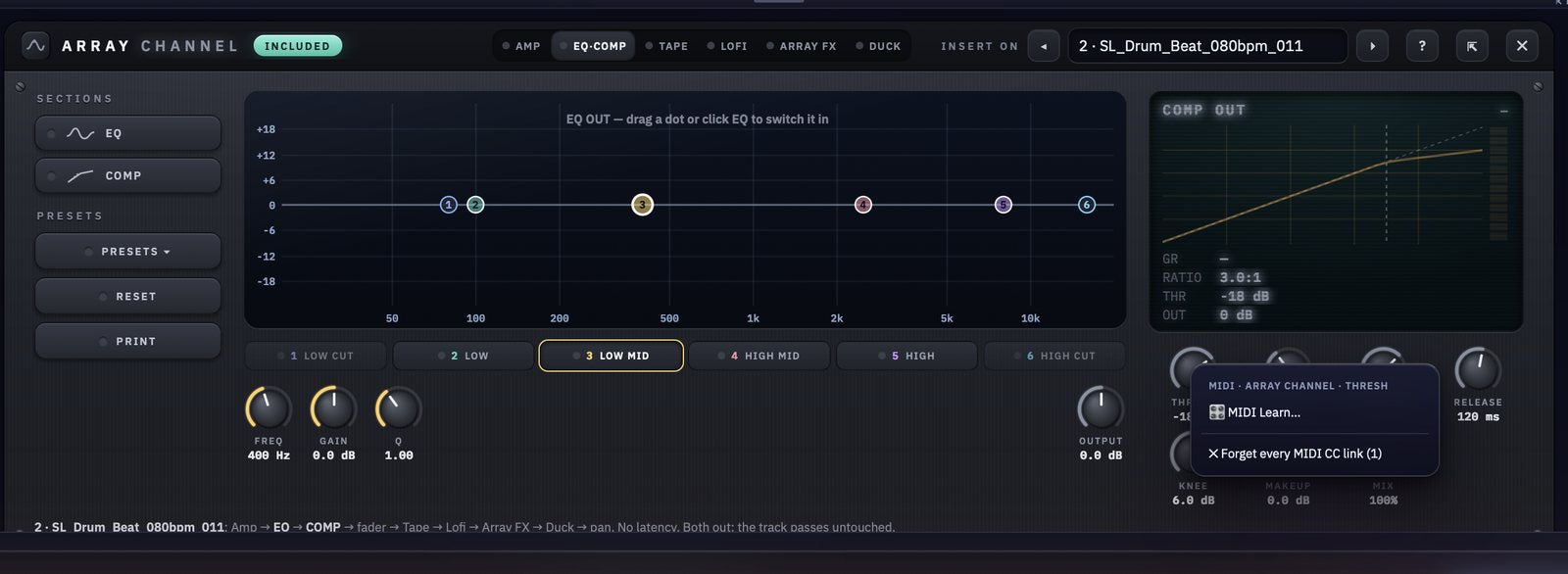 MIDI Learn menu on the compressor threshold knob in Array Channel