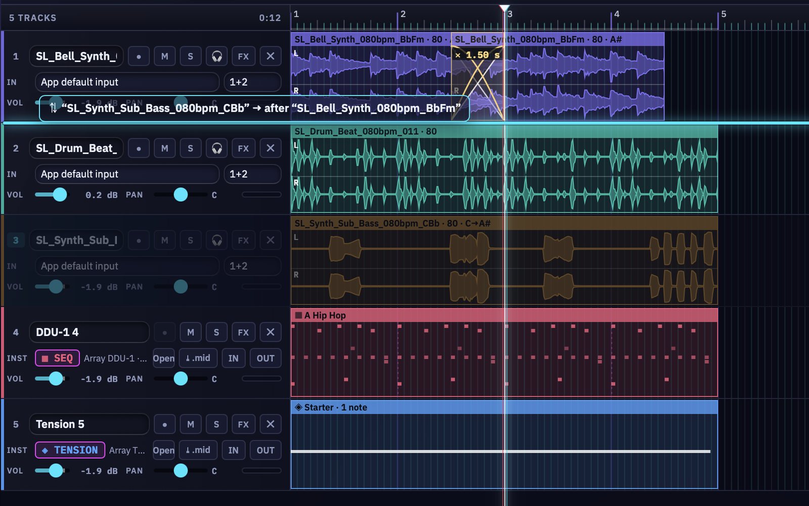 Array Studio: dragging a track to a new position in the track list
