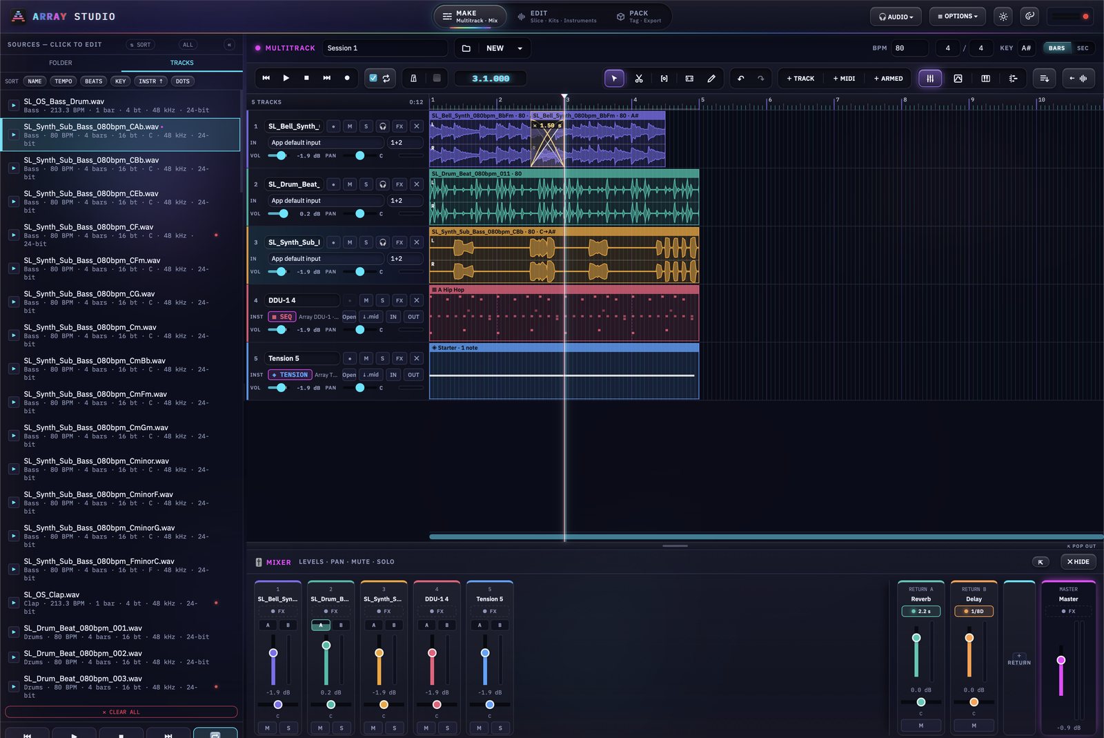 Array Studio multitrack with loops, DDU-1 and Tension instrument tracks and the mixer