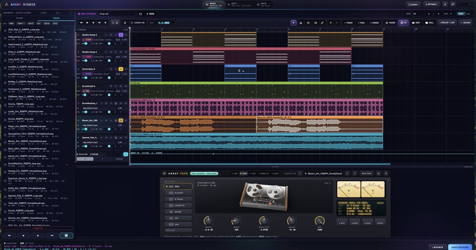 Array Studio multitrack: DrumSmyth, Chord Spire and Double Scoop MIDI with drum, vocal and pad loops, and Array Tape on the vocal