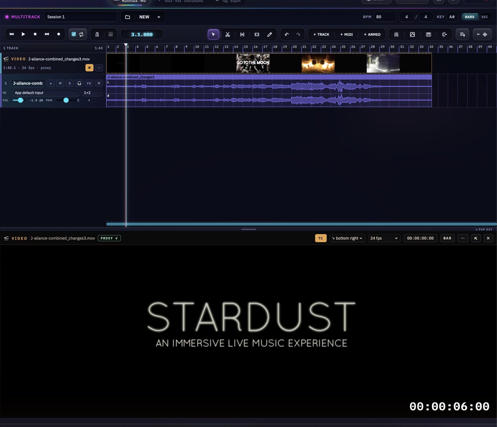 Array Studio: a video on its own timeline track, its sound on the track below, and the picture with burnt-in timecode