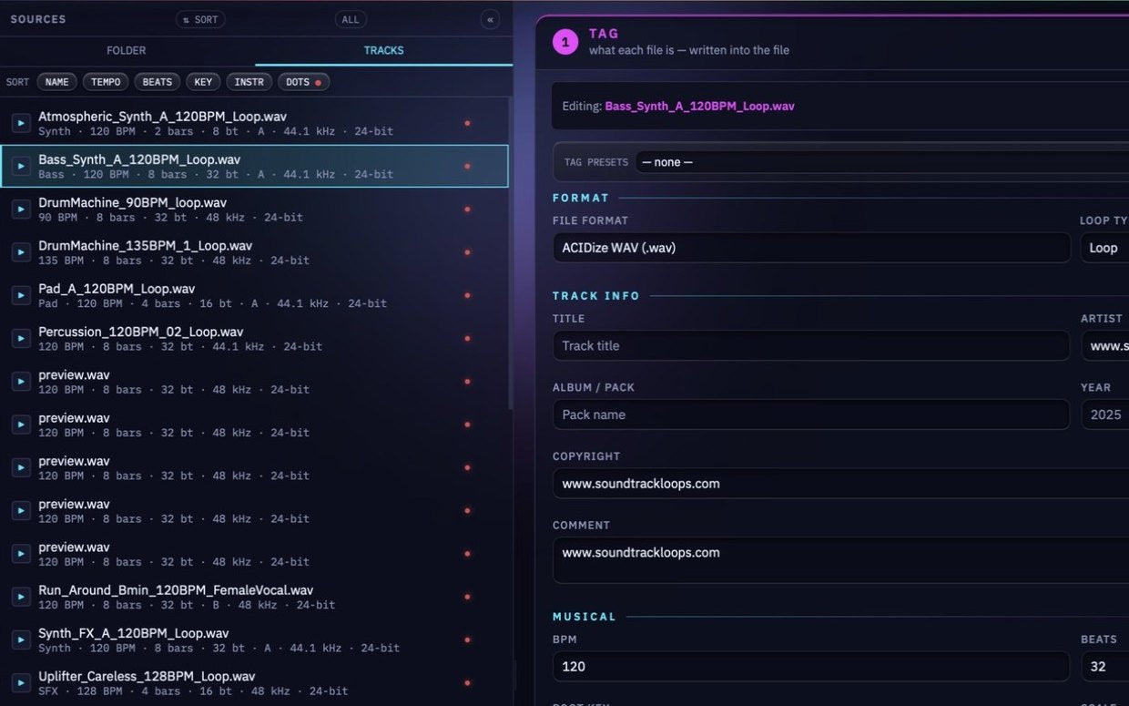 Every file shows its detected tempo, bars, beats, key, sample rate and bit depth at a glance.