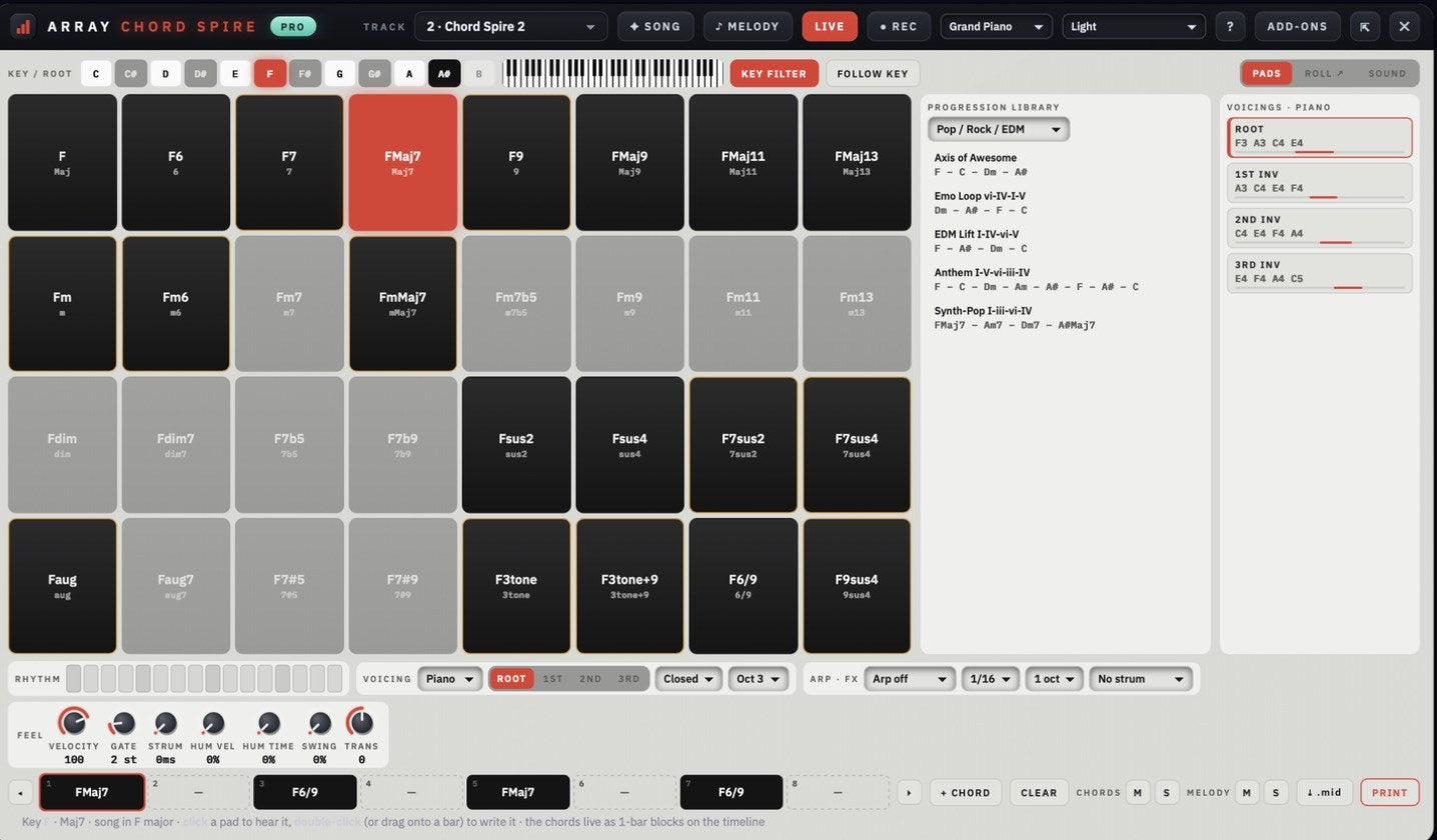 Chord Spire: chord pads in F with the progression library and piano voicings
