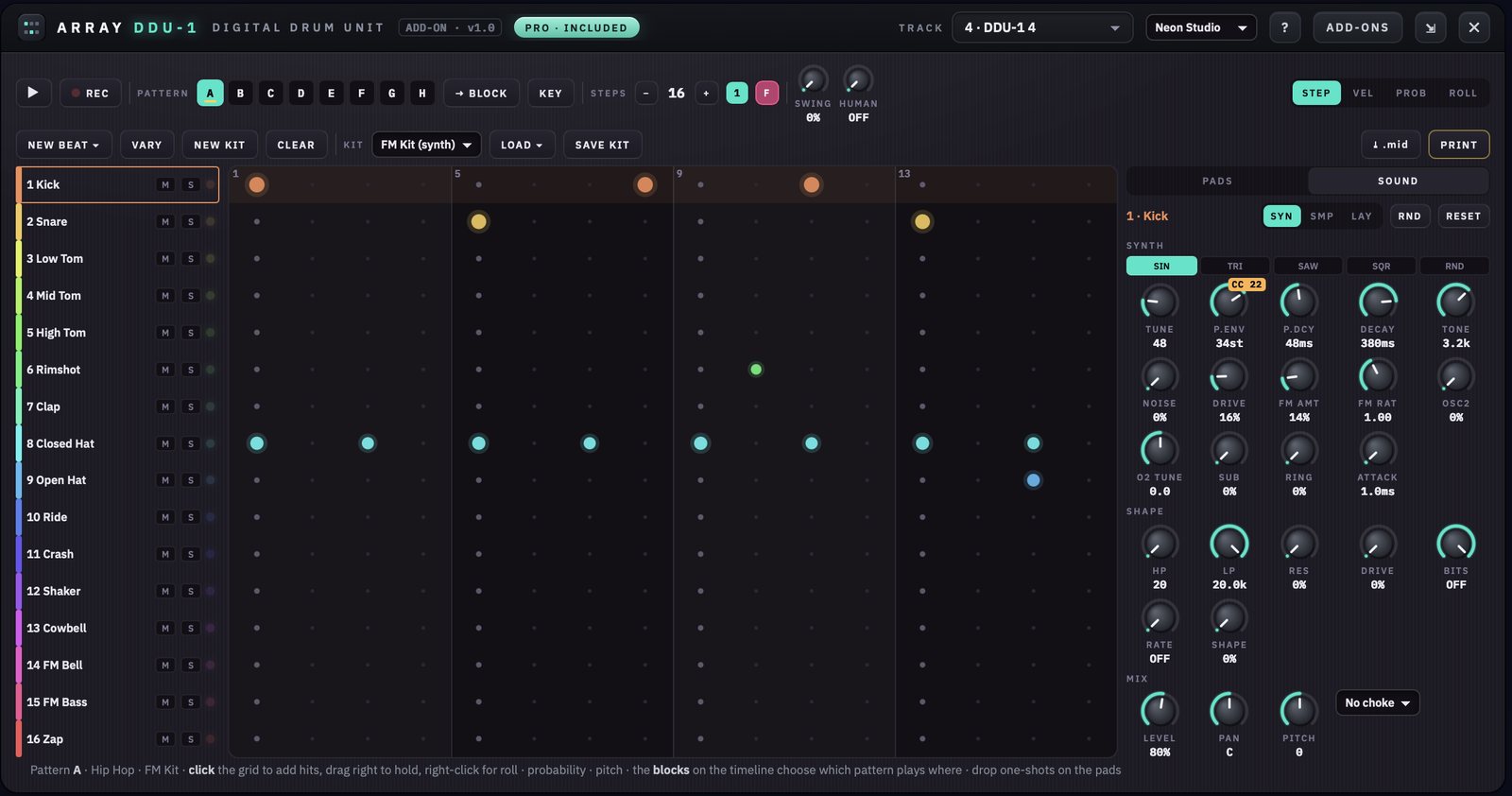 DDU-1 Sound panel: oscillator, pitch envelope, FM, filter and drive for the kick