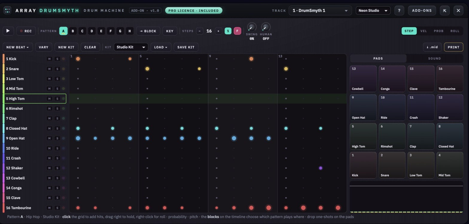 Array DrumSmyth: a Hip Hop pattern on the 16-row grid with the drum pads
